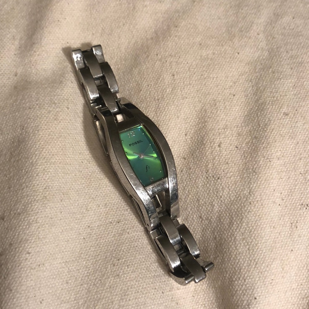 Iridescent green and blue face Fossil bracelet watch